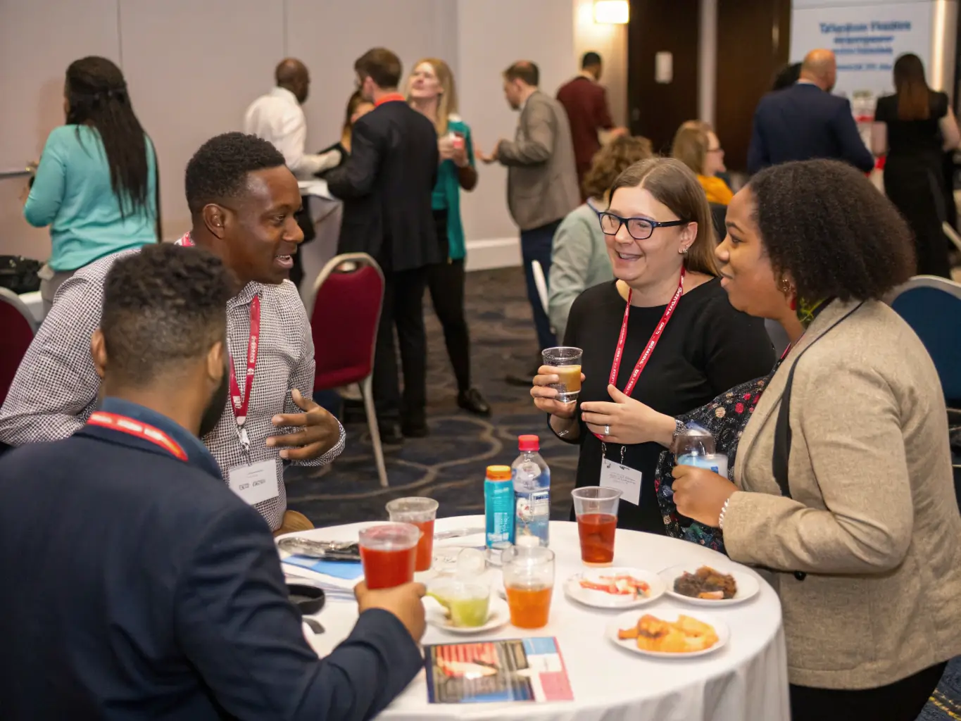 A diverse group of influencers are collaborating at a networking event, discussing strategies and sharing success stories related to the AstroCoach affiliate program.