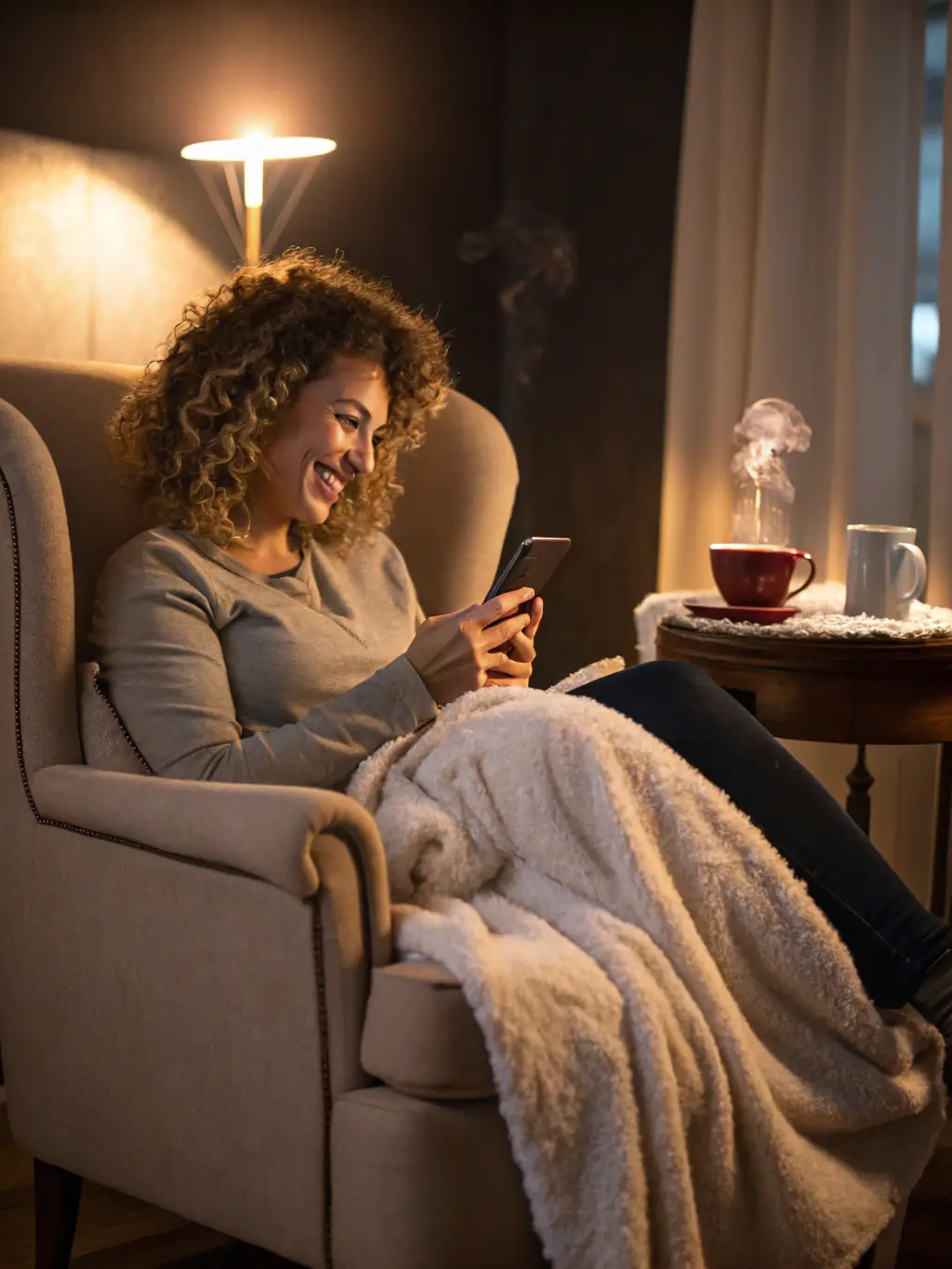 An image of a person sitting in a comfortable chair, talking on the phone and smiling, with sunlight streaming through a window, representing a life coaching session.
