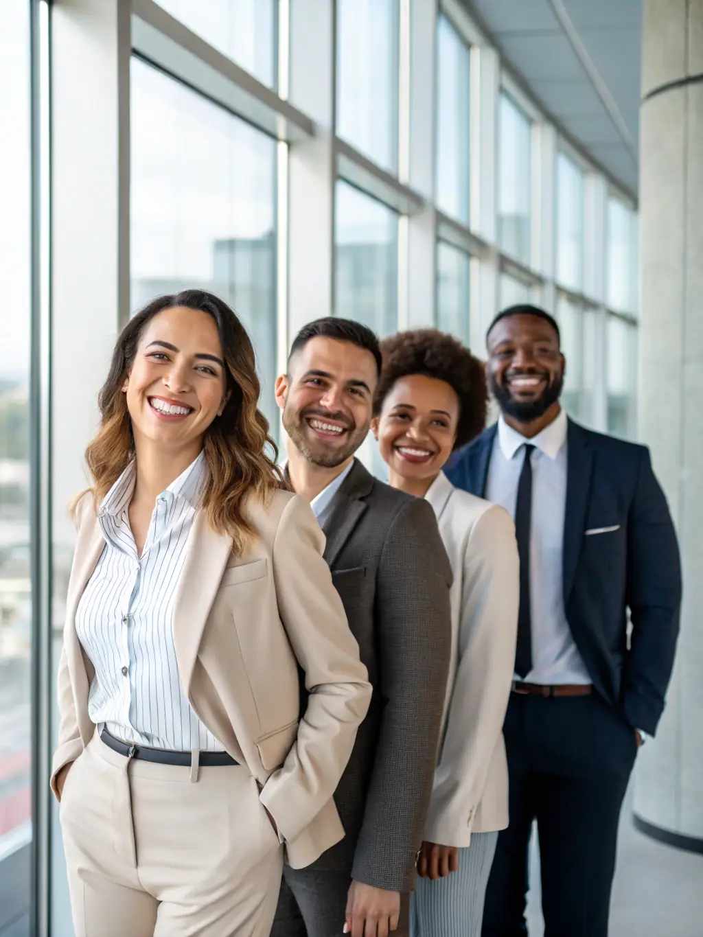 A diverse group of professionals smiling and looking directly at the camera, conveying experience and expertise. The background is a modern office setting.