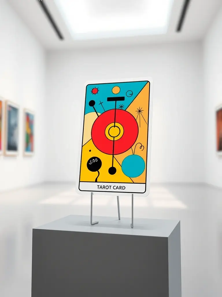 A close-up photograph of a modern tarot deck with vibrant colors and abstract designs, laid out on a sleek, minimalist table. The focus is on the artistic details of the cards, conveying a sense of mystery and insight.