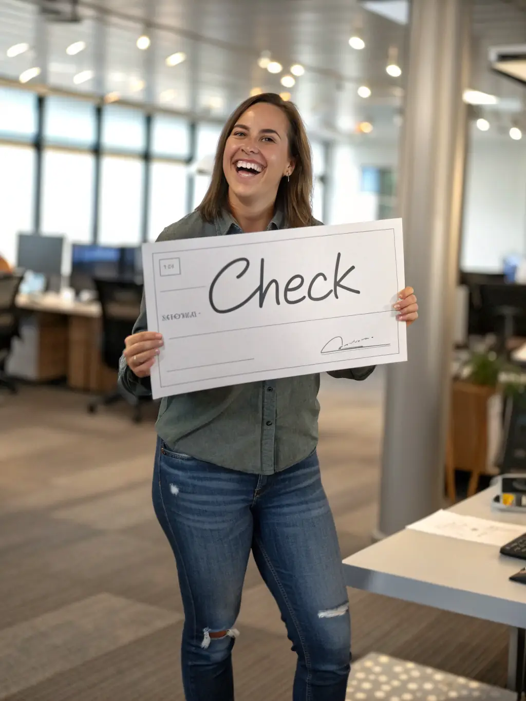 A person happily receiving a commission check, symbolizing the attractive commissions earned through the AstroCoach affiliate program.