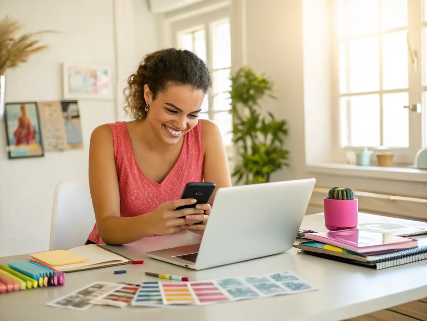 A confident and stylish female blogger is creating content in her home studio, surrounded by modern decor and positive affirmations, showcasing the lifestyle of a successful AstroCoach influencer.