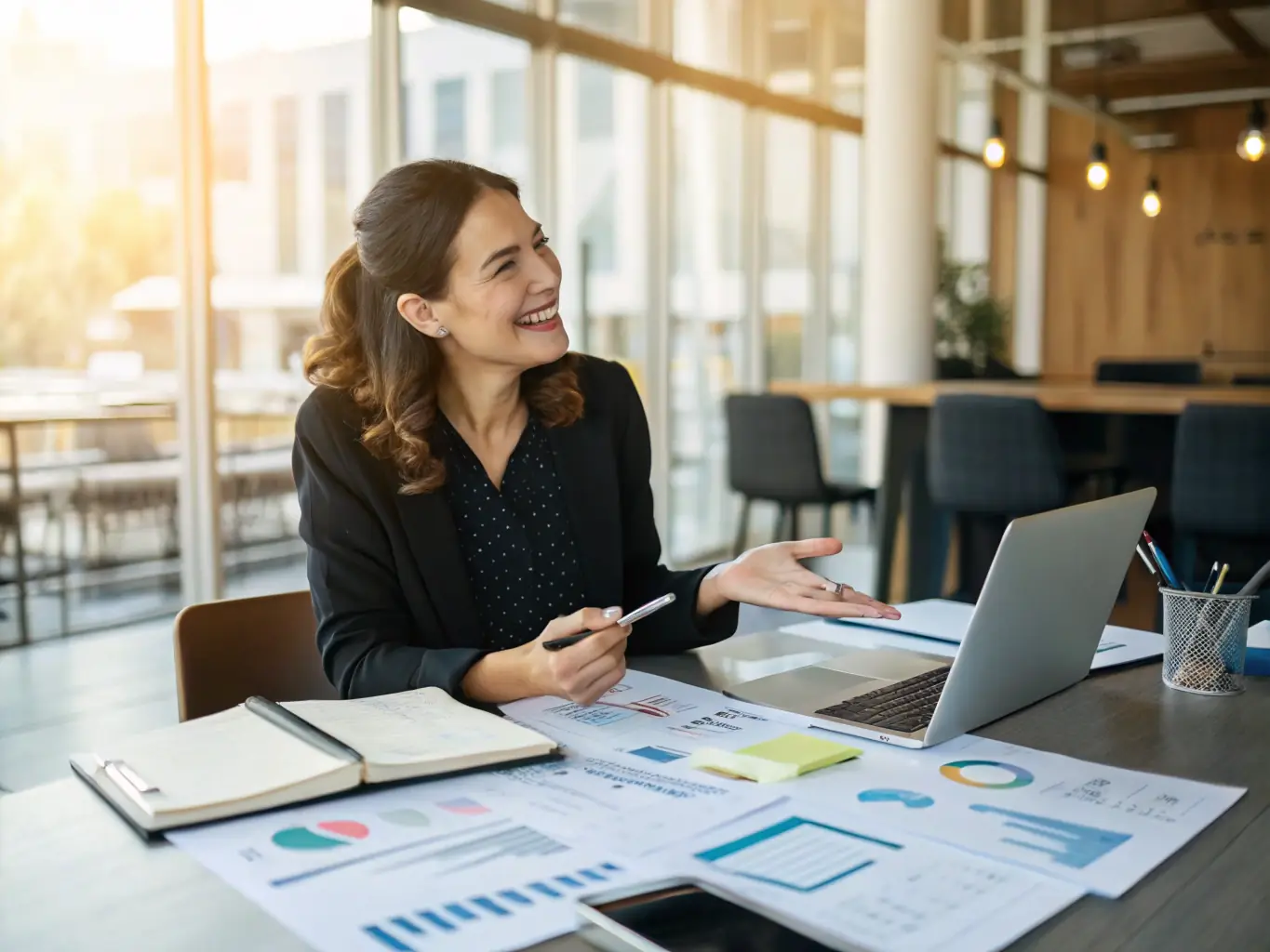 A female entrepreneur is reviewing performance metrics on her laptop, smiling confidently as she analyzes the growth of her AstroCoach affiliate business.